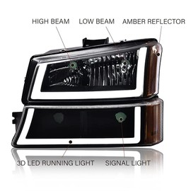 G-PLUS LED DRL Headlights, Compatible with 2003-2006 Chevy Avalanche 1500 2500/Silverado 1500 2500 3500 & HD Models Headlamp, Driver Side & Passenger Side, Smoky lens Chrome Housing Amber Reflector