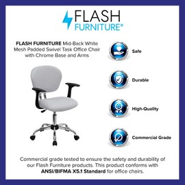 Flash Furniture Beverly Mid-Back White Mesh Padded Swivel Task Office Chair with Chrome Base and Arms