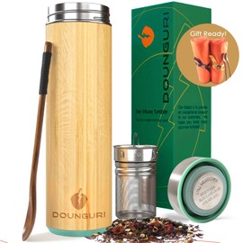Bamboo Hot Tea Travel Tumbler with Strainer Infuser, Loose Leaf Tea Bottle - 18 oz Green Vacuum Insulated Stainless Steel Thermos/Coffee Travel Bottle/Hot and Cold Water/Leak Proof/Gift Ready