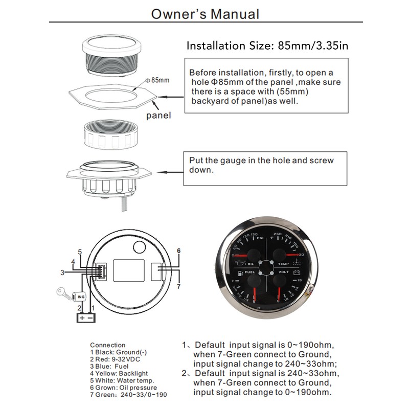 4in1 85mm Guage Multifunction Fuel Level Oil Pressure Water Temp