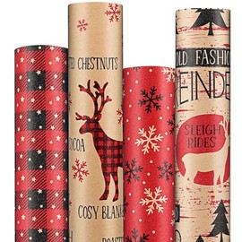 Anvure Christmas Wrapping Paper (4 Rolls: 93 sq. ft total) 17 Inch*16.4 Feet Per Rolls, Xmas Kraft Set Designs with Plaid, Reindeer, Tree, Snowflake & Star Patterns Holiday Wrap for Gift