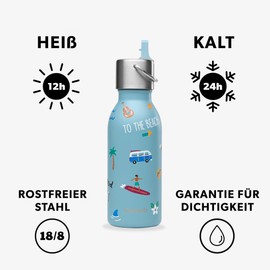 QWETCH - Stainless Steel Children's Drinking Bottle 350 ml - Kids Honolulu Blue Pipette Lid - Insulated Bottle - Keeps Drinks Cold for 24 Hours & Warm for 12 Hours - Leak-proof & BPA-Free - Perfect