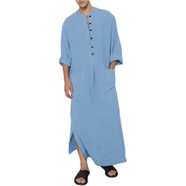 Jacansi Mens Kaftan Button up Robe Linen Cotton Caftan Loungewear Long Night Gown Shirt Thobe with Pockets (01-Blue, 3X-Large)