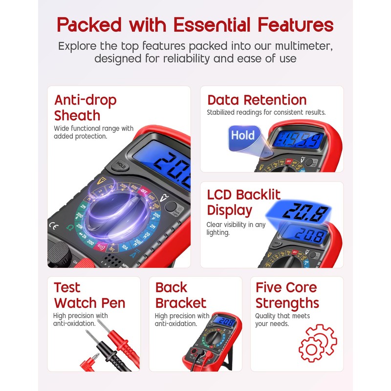 ULTRICS Digital Multimeter Voltmeter Ammeter Ohmmeter with Test Leads, Multi