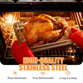 Stainless Steel Turkey Baking Roaster Pan Roasting Pan with V Rack, for Smoking and Grilling Chicken, Bird, and Pork Cooking Rack with 15.5*11.6*2 inch Roasting Pan for Smokers, Grill and Oven
