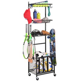 PLKOW Alloy Steel Sports Equipment Storage, Indoor/Outdoor Sports Rack, Ball Storage Organizer with Basket and Hooks For Toy/Sports Gear for Garage