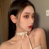 Deelfel Women's Choker, Ribbon, White, Embroidery, Bowknot Choker, Sexy, Elegant,
