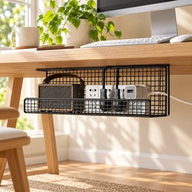 Under-Desk Cable Management Tray for Cord & Power Strip Storage – No-Drill Metal Organizer for Home Offices