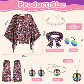 AOOWU Hippie Costume Accessories Set, 9 Pcs 70s Fancy Dress Women Disco Hippie Costume Outfits, Hippie Clothing Set with Hippie Cape Legs Sleeves Headband Sunglasses Earrings