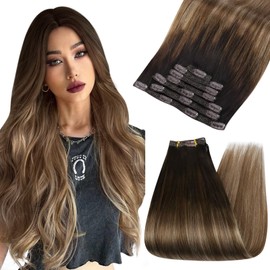 Ugeat Clip in Hair Extensions Balayage Hair Extensions Darkest Brown Clip in Light Brown with Light Golden Blonde Hair Extensions Clip in 120 Grams 10 Pieces Double Weft Real Hair Clip in 16 Inch