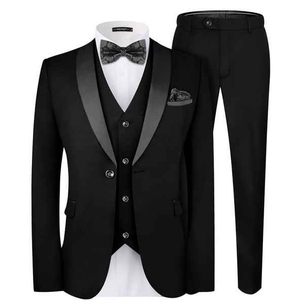 MAGE MALE Men's Slim Fit 3 Piece Suit One Button Solid Shawl Lapel Blazer Jacket Vest Pants Set with Tie Pocket Square Black