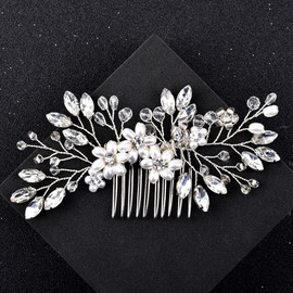 Crystal Bridal Wedding Hair Comb Pearl Flower Side Combs with Rhinestone, Wedding Bridal Hair Pieces for Women Hair Accessories for Brides and Bridesmaid (Silver)