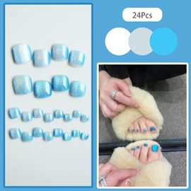 24 Pcs Acrylic Press on Toenails Square Short Fake Toenails Glitter False Toenails with Glue Nude Toe Nails Press on Full Cover Toe Nail Tips Holiday Glue on Toenails Artificial Toenails for Women