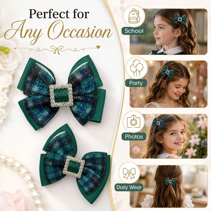 Green Plaid Hair Bows 2Pcs Christmas Rhinestone Square Clip