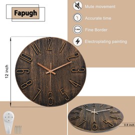 fapugh 12 Inch Wall Clock Silent Non Ticking, Preciser Modern Style Decor Clock for Home, Office, School, Kitchen, Bedroom, Living Room (Brown)