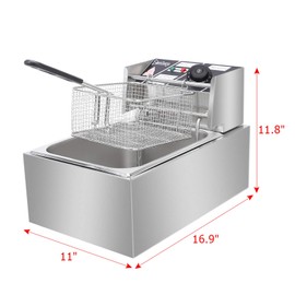 Holyfly Commercial Deep Fryer with Basket & Lid, Max 2500W 6.3QT Stainless Steel Electric Countertop Frying Machine with Removable Tanks and Baskets, Large Capacity for French Fries Fish Turkey (1pcs)