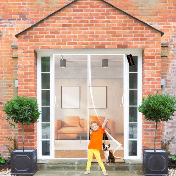 Magnetic Fly Screen Door 90x200cm White Heavy Duty Mesh Curtain Screen Doors Door Screen for Keeping Insects Out Keep Fresh Air in & Bugs Out