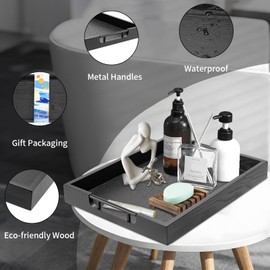 Large Black Solid Wood Serving Tray with Metal Handles, 17 x 13 x 2 Inches Wooden Decorative Ottoman Tray Food Drinks Server for Coffee Table, Breakfast in Bed, Dinner, Party, Bar, Kitchen