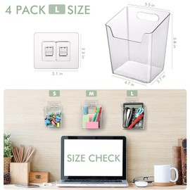 Clear Adhesive Wall Storage Bins, Large 4 Pack Cabinet Door Organizer Holders, Hanging Wall Mount Pockets, Plastic Cups for Shower Bathroom Makeup Office Craft Remote Kitchen Sink RV Organization