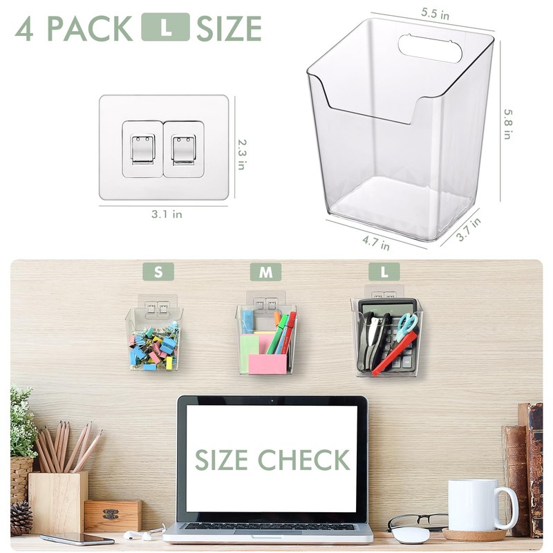 Clear Adhesive Wall Storage Bins, Large 4 Pack Cabinet Door