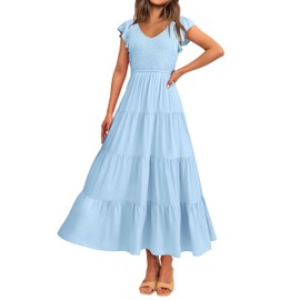 MASCOMODA Womens Summer Maxi Dress Casual V Neck Cap Sleeve Smocked Dresses Ruffle Tiered Beach Party Long Flowy Sundresses(Light Blue,Large)