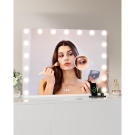 32" x 24" Vanity Mirror with Hollywood Lights, Makeup Mirror with Lights, Lighted Vanity Mirror with 17 Dimmable LED Bulbs, 3 Color Bulbs, LED Mirror with Touch Control for Vanity, Bedroom
