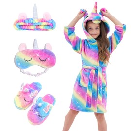 Piefry Girls Soft Unicorn Hooded Bathrobe with Unicorn Slippers, Blindfold and Headband - Gifts for Girls, rainbow