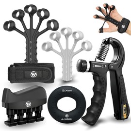 FUNFLEX Hand Trainer, Finger Trainer, Adjustable Grip Strength Trainer Set, 5 Pieces, Forearm Trainer, Finger Stretcher, Neoprene Wrist Band, Finger Grip Trainer, Grip Ring, Hand & Forearm Training