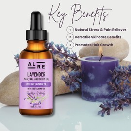 ALRE - 100ml Pure Lavender & Sweet Almond Oil for Hair, Nails & Body Nourishing Body Oil After Shower Perfume Oil for Skin Volumizing Lavender Essential Oils for Women Organic Dry Body Oil.