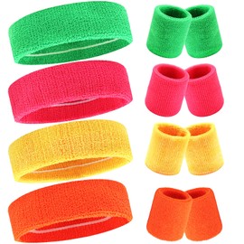 KICOSY 4PCS Neon Headband and Wristband Set - 80s 90s Retro Sweatbands for Workout, Party, Cosplay, Sports & Daily Wear