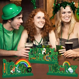 4pcs St Patricks Day Decorations Wooden Table Signs,Happy Saint Patricks Day Table Decorations Green Irish Lucky Shamrock, Leprechaun St Patricks Day Decorations for Holiday Party