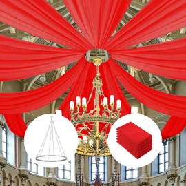 FOTSHARER Ceiling Drapes Hanging Kit for Wedding Ceiling Drapes Sheer 6 Panels 5FT x 10FT Red Ceiling Curtains Chiffon Arch Draping Fabric Wedding Drapery for Ceremony Reception Stage Decor