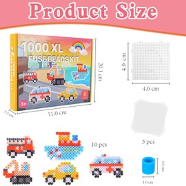 Large 10 mm Ironing Beads Vehicle Set, 1000 Pieces XL Beads with Pegboard, 10 Colourful Colours XL Ironing Beads, 10 Vehicle Patterns and Ironing Paper, Creative Bead Set for Children from 3 Years