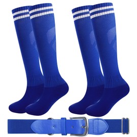 ZGDG Baseball Socks and Belt Combo Set Youth Softball Tee Ball Socks Belt for Boys Girls (2 Pairs of Socks & 1 Belt), Medium, Blue
