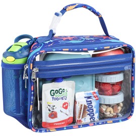 Bagseri Clear Kids Lunch Bags - Boys Lunch Box for School Reusable Snack Bag with Water Bottle Holder Stadium Approved Clear Bag, Blue Dinosaur