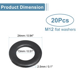 QUARKZMAN Pack of 20 M12 Stainless Steel Flat Seals, 13 mm ID x 24 mm OD x 2.5 mm Thick Black Galvanised Metal Washers for Screws and Bolts