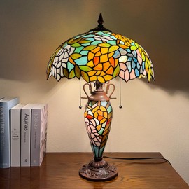 Capulina Tiffany Lamp Stained Glass Table Lamp 16x16x24 Inches 3-Light Wisteria Style Mother-Daughter Vase Desk Reading Light Decor for Home Office Bedroom Living Room