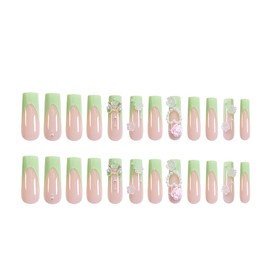 Long Press on Nails 3D Flower False Nails Green Handmade Fake Nails Long Coffin Nails Press ons Green Acrylic Nails French Square Acrylic Glue on Nails Extra Long Bow Heart Stick on Nails for Women