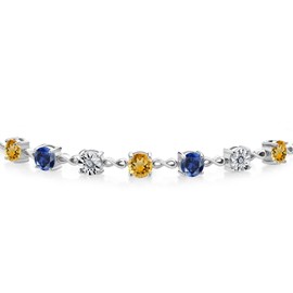 Gem Stone King 925 Sterling Silver Round Yellow Citrine Blue Created Sapphire and White Lab Grown Diamond Tennis Bracelet For Women (3.39 Cttw, Fully Adjustable Up to 9 Inch)