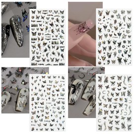 8 sheets/640 Nail Art Decorative Stickers with Various Aurora Butterfly, Sun, Star, Moon Nail Back Adhesive Stickers (Black)