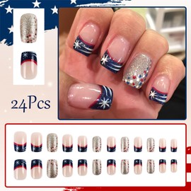 24Pcs Independence Day Press on Nails Short Length 4th of July Fake Nails American Flag French Tips False Nails Chrome Glitter Design Stick on Nails Nails Press on Artificial False Nails for Women