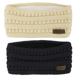 Muryobao 2 Pack Women Winter Ear Warmer Headband Cable Knit Fuzzy Fleece Lined Head Wrap Stretchy Thick Headband Black & Beige