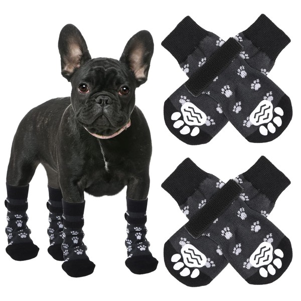 cobee Non-Slip Dog Socks, Pack of 4, Soft Dog Grip Socks with Strap, Traction Control, Adjustable Paw Protection for Small and Medium Dogs (M, Black)