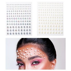 Rhinestone Pearl Face Gems Stick on Self-Adhesive Hair Eyes Gems Face Stickers Make Up Assorted Temporary Tattoo Rhinestones Faux Pearl Sticker 2 Sheets Bridal Makeup Wedding Accessories for Women