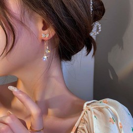 TseenYi Boho Rhinestone Bow Earrings Gold Long Tassel Chain Earrings Vintage Crystal Bow Dangle Earrings Long Chain Fringe Bow Earrings Bridal CZ Bowknot Earrings Jewellery for Women and Girls,