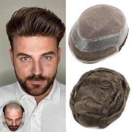 Toupee Hair Piece for Men Indian Remy Human Hair Monofilament Top Lace Front Mens Hairpiece Hair Replacement System with Pu Skin around Male Toupee Peluquines Para Hombre 6x8 Inch #4 Medium Dark Brown