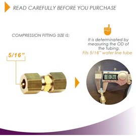 Ice Maker Water Line Brass Compression Tube Fitting, Union, 5/16” OD x 5/16” OD, 2 Pack