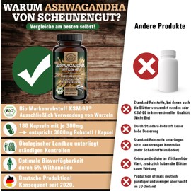 Ashwagandha KSM-66 Organic – Important: 12:1 Extract (= 3600 mg Pure Ashwagandha Root Powder per Capsule as Extract) with 5% Withanolides Ashwagandha Capsules High Dose German SCHEUNENGUT®
