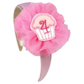 4 Year Old Birthday Gift Girls Arch Headband with Monogrammed Cupcake and Tulle Flower (Light Pink)