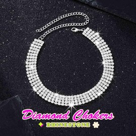 ACEDRE Rhinestone Choker Necklace Silver Crystal Row Tennis Chokers Sparkly Prom Costume Neck Jewelry Accessory for Women